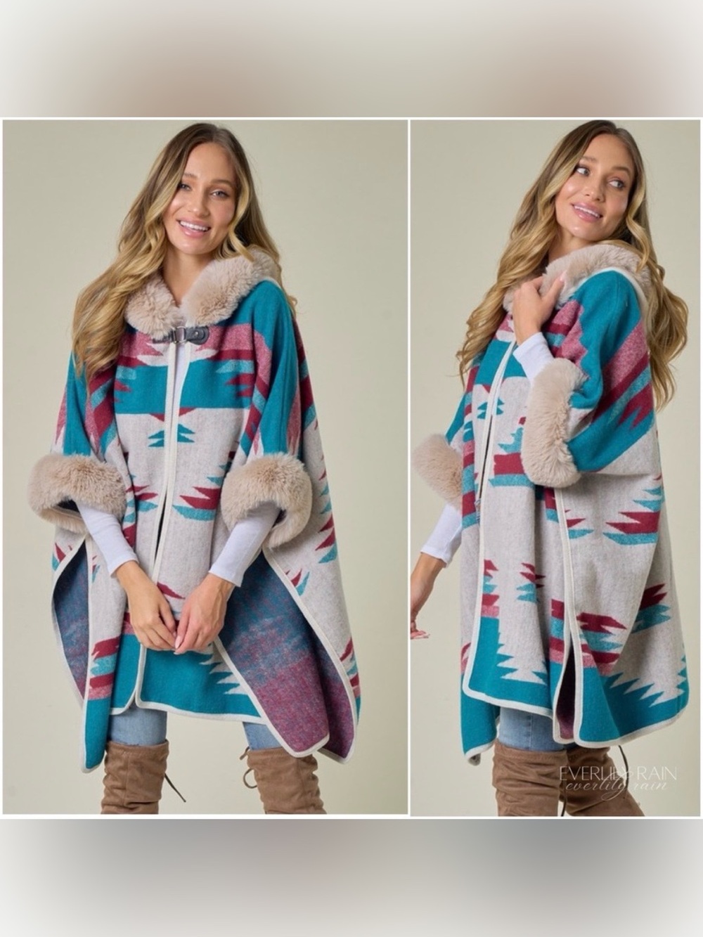 On Blue Southwestern Aztec Hooded Cape Poncho Fur Trim Prairie Cottage Core 0/S